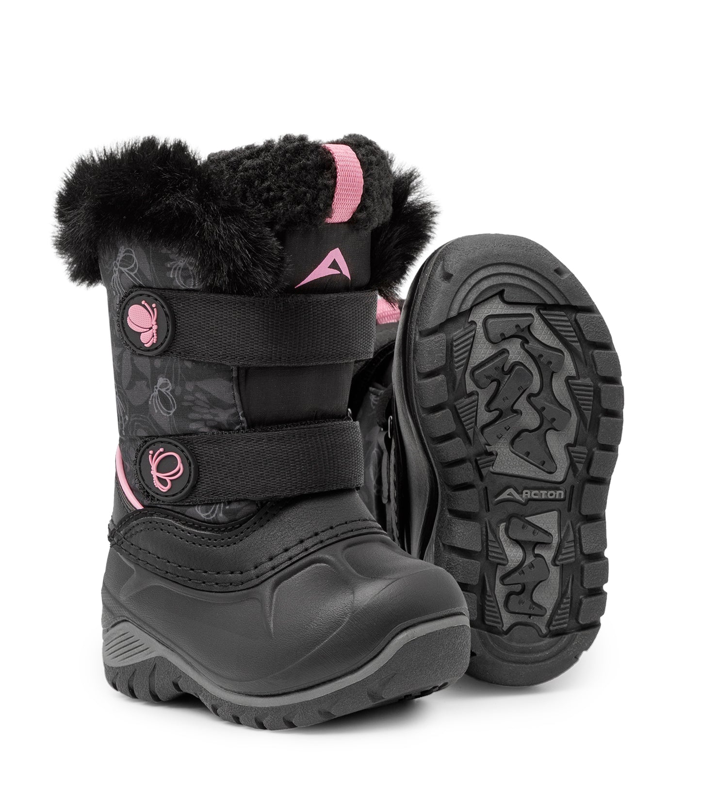 Bottes d'hiver - Acton Frosty noires avec détails roses, doublure en fausse fourrure noire, fermeture à velcro, pour enfant, vue avant et semelle.