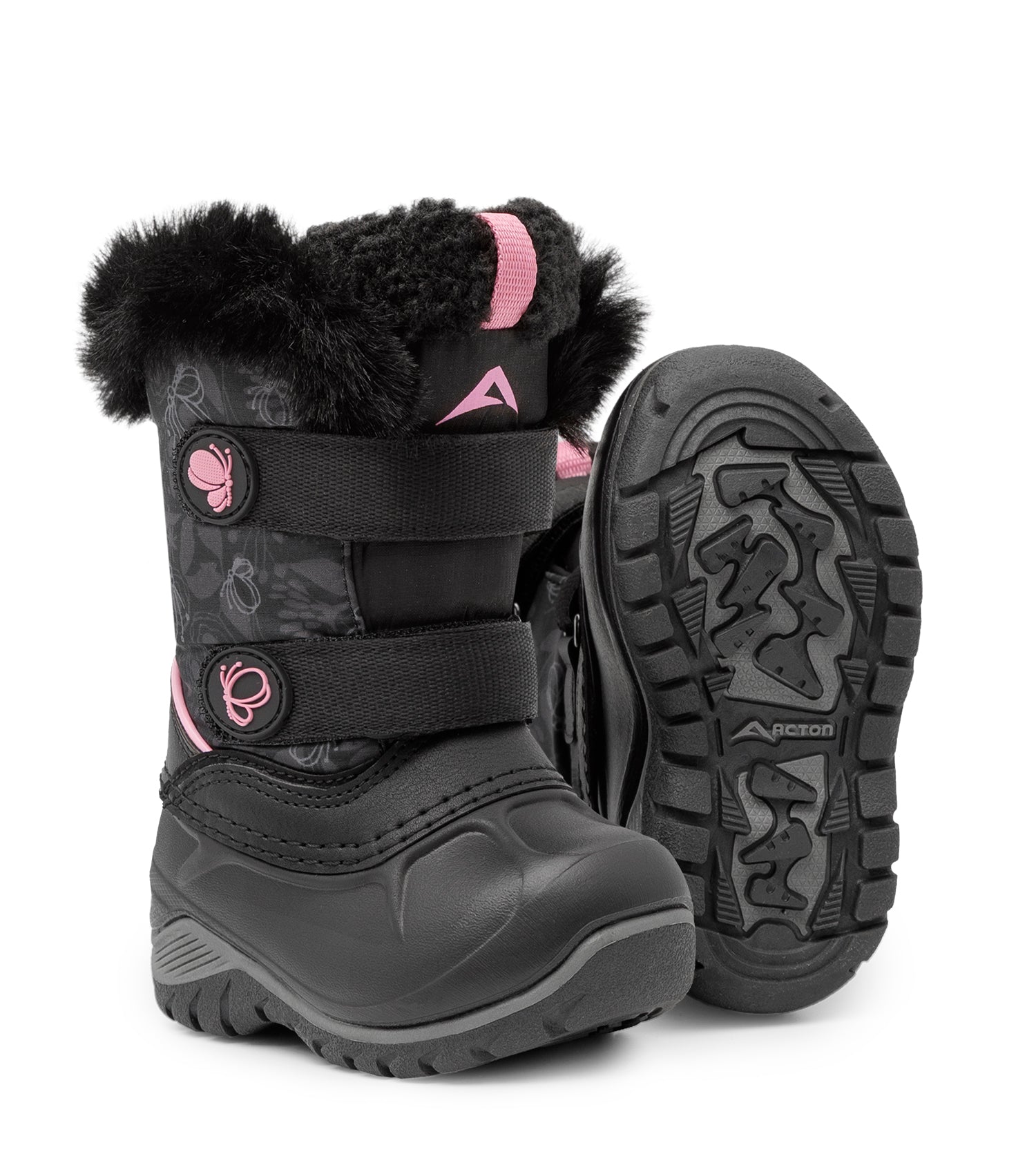 Bottes d'hiver - Acton Frosty noires avec détails roses, doublure en fausse fourrure noire, fermeture à velcro, pour enfant, vue avant et semelle.