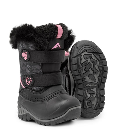 Bottes d'hiver - Acton Frosty noires avec détails roses, doublure en fausse fourrure noire, fermeture à velcro, pour enfant, vue avant et semelle.