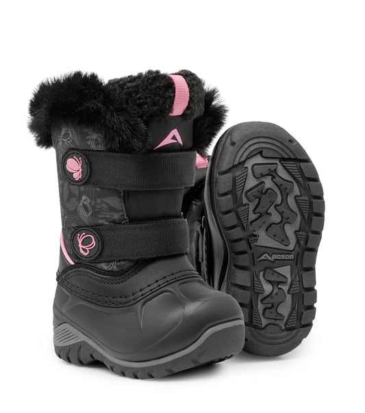 Bottes d'hiver - Acton Frosty noires avec détails roses, doublure en fausse fourrure noire, fermeture à velcro, pour enfant, vue avant et semelle.