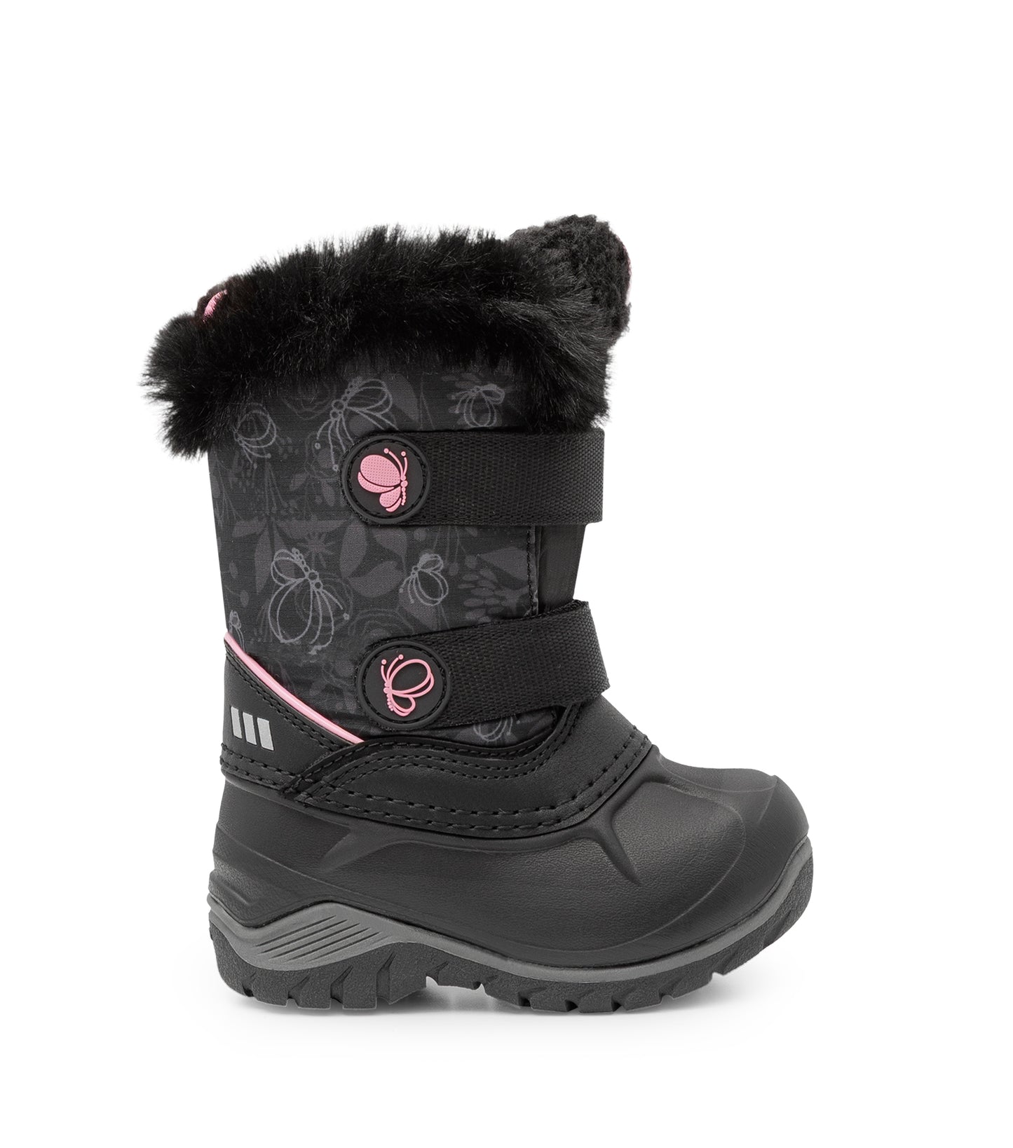 Bottes d'hiver - Acton Frosty noires avec motifs floraux gris, détail rose, fourrure synthétique noire, fermeture velcro double, pour enfant, vue de profil.