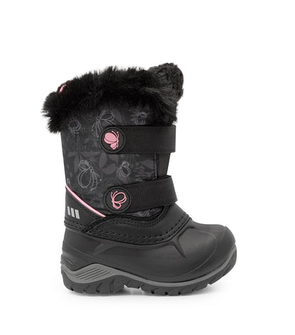 Bottes d'hiver - Acton Frosty noires avec motifs floraux gris, détail rose, fourrure synthétique noire, fermeture velcro double, pour enfant, vue de profil.