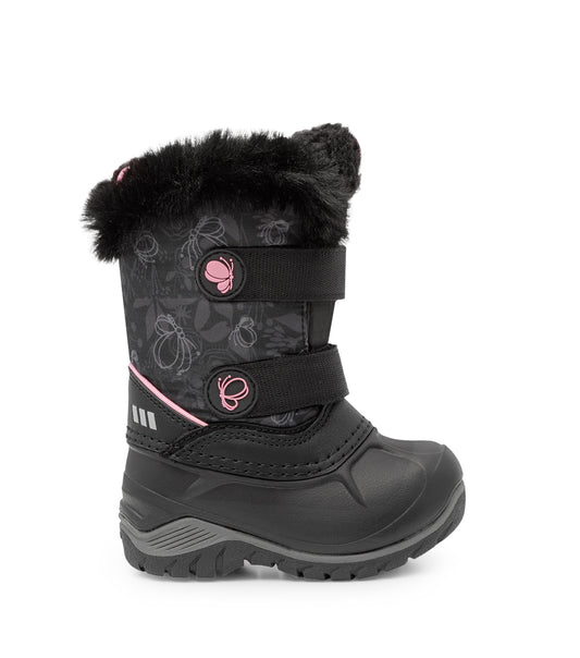 Bottes d'hiver - Acton Frosty noires avec motifs floraux gris, détail rose, fourrure synthétique noire, fermeture velcro double, pour enfant, vue de profil.