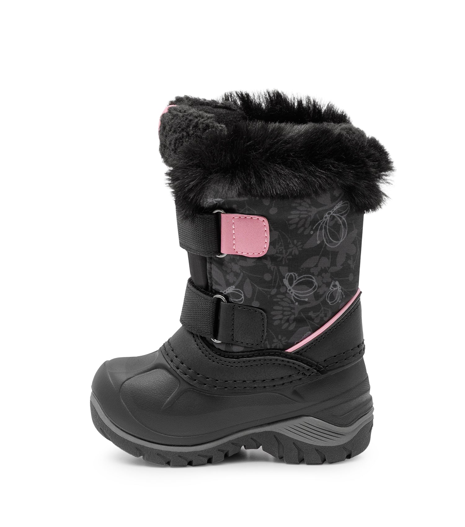 Bottes d'hiver - Acton Frosty noires avec motifs floraux gris et détails roses, intérieur fourré en fausse fourrure, pour enfant, vue de profil.