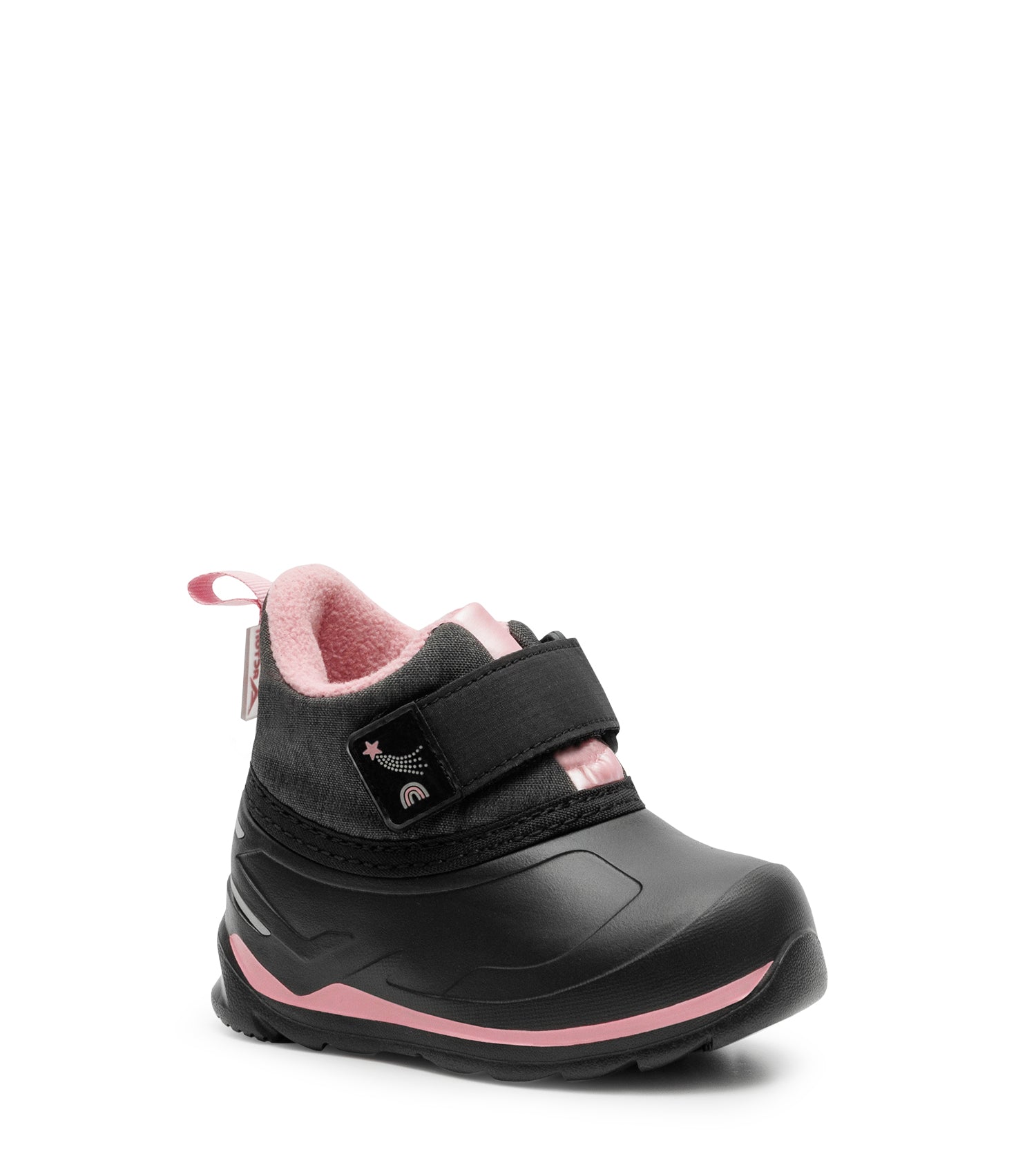 Bottes Mi-Saison - Acton noires et roses, tige nylon hydrofuge, fermeture autoagrippante, intérieur doublé, vue de profil droit enfant.