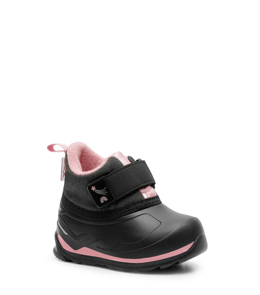 Bottes Mi-Saison - Acton noires et roses, tige nylon hydrofuge, fermeture autoagrippante, intérieur doublé, vue de profil droit enfant.