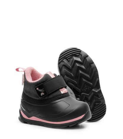 Bottes Mi-Saison - Acton noires et roses avec tige nylon hydrofuge, fermeture velcro, pour enfant, vue de face et dessous