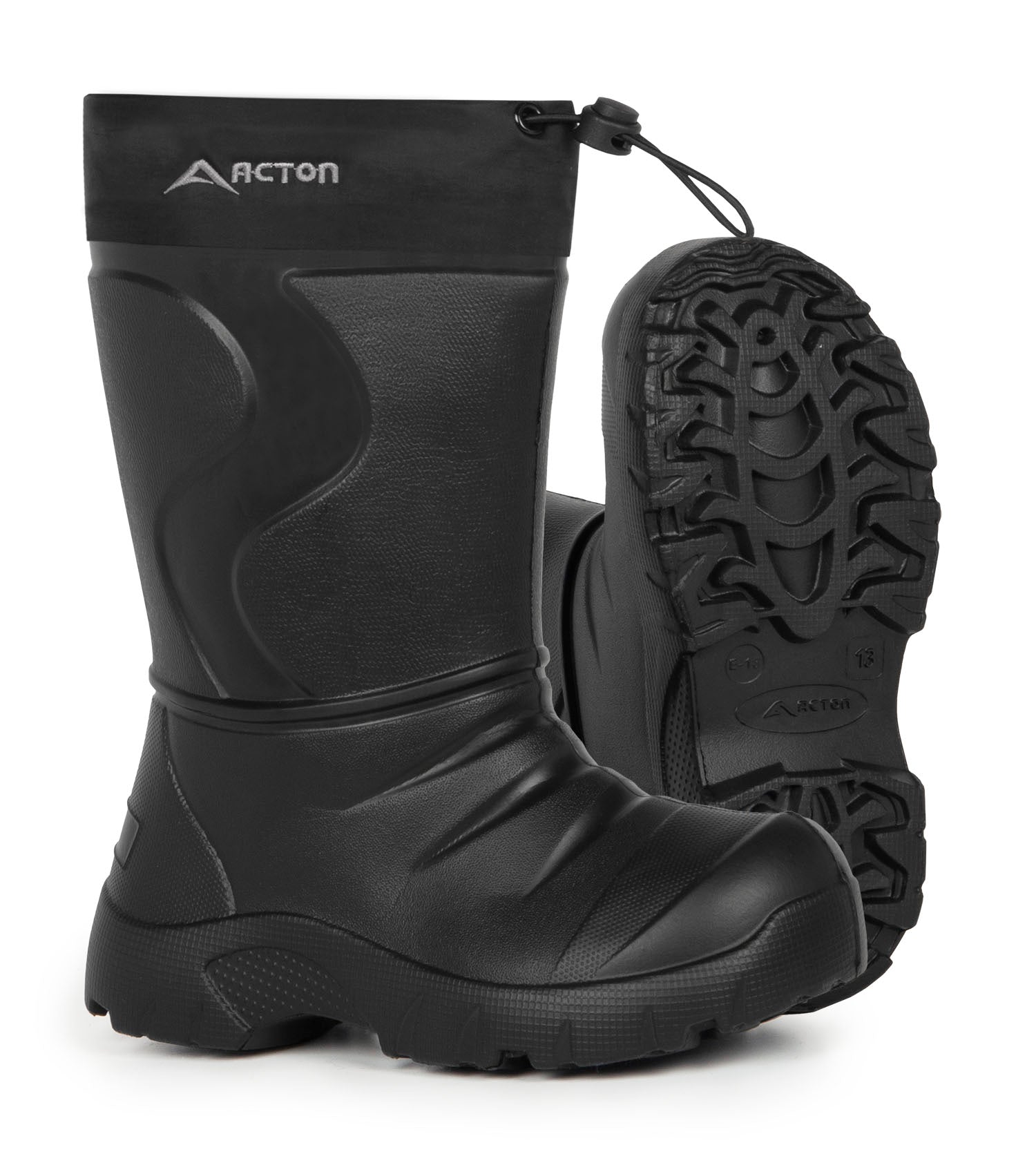 Bottes Mi-Saison Slushy - Acton noires en EVA souple et imperméable, pour enfant, vue de face et semelle dessous.