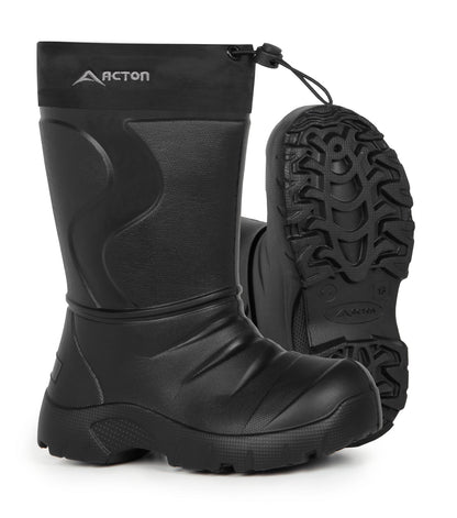Bottes Mi-Saison Slushy - Acton noires en EVA souple et imperméable, pour enfant, vue de face et semelle dessous.