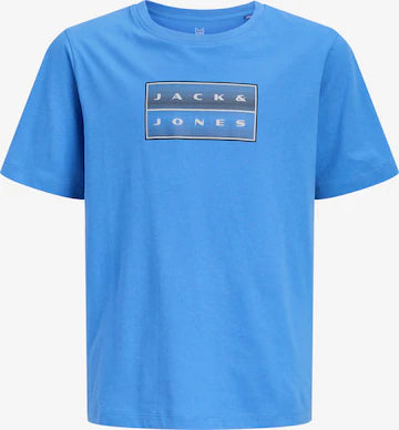 T-Shirt - Jack & Jones bleu clair en coton avec logo imprimé noir et blanc centré, style classique, vue de face.