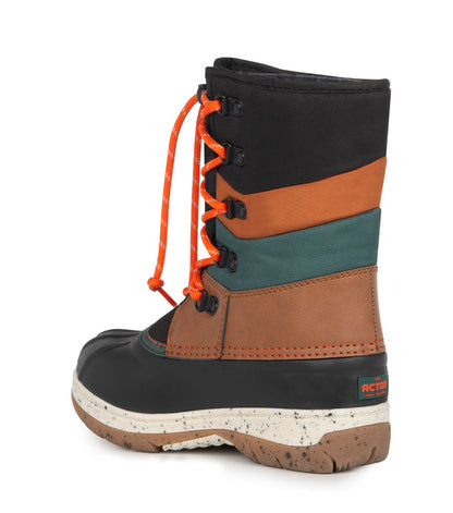 Bottes d'hiver Gummy - Acton noires à empiècements orange vert et brun avec lacets orange vue de profil