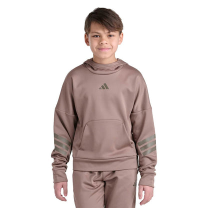 Hoodie - Adidas marron clair en tissu synthétique, manches longues avec logo et bandes, pour garçon, porté de face.