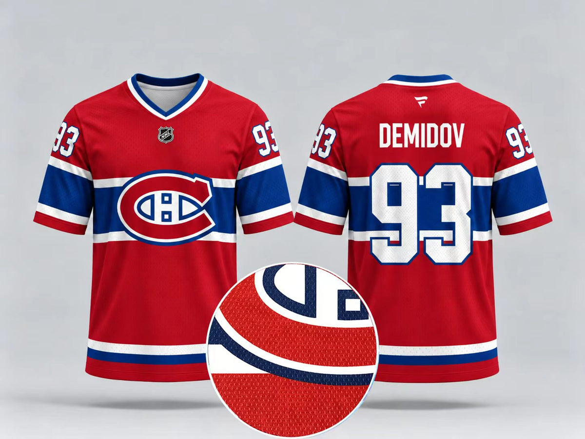 Jersey manches courtes - Demidov - PROMO 2 pour 50$, maillot de hockey rouge, vue de face et de dos, numéro 93, logo du Canadien