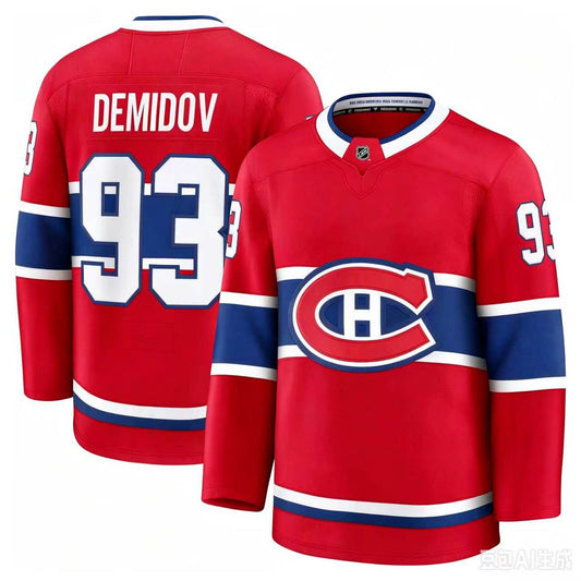 Jersey de hockey Canadiens - Demidov rouge avec bandes bleues et blanches, logo front central, chiffres 93 en blanc, vue avant et arrière.