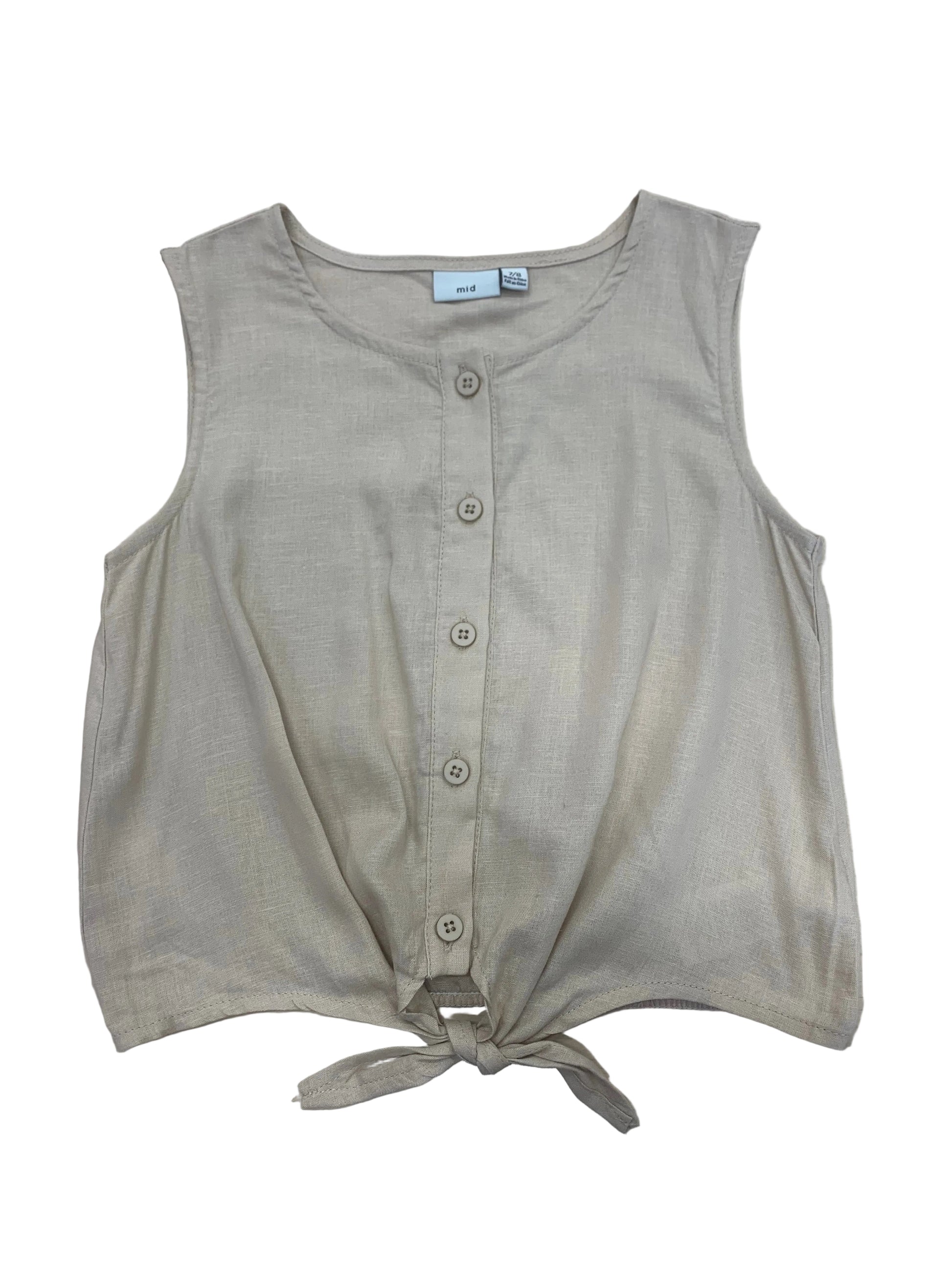 Haut - M.i.D. beige sans manches en lin avec boutons et noué devant, style casual, vue de face.