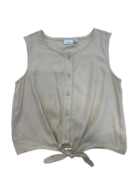 Haut - M.i.D. beige sans manches en lin avec boutons et noué devant, style casual, vue de face.
