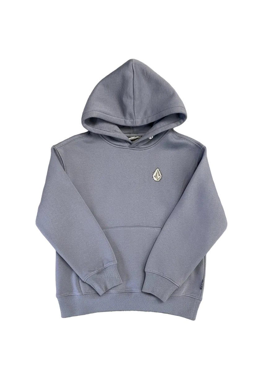 Hoodie - Volcom gris clair en coton avec capuche, logo discret sur la poitrine, style unisexe enfant, vue de face à plat.