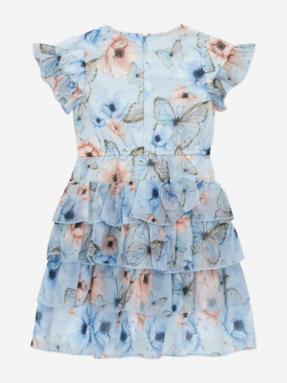 Robe - Guess légère en polyester à volants bleue et rose avec motifs papillons, pour enfant, vue de dos.