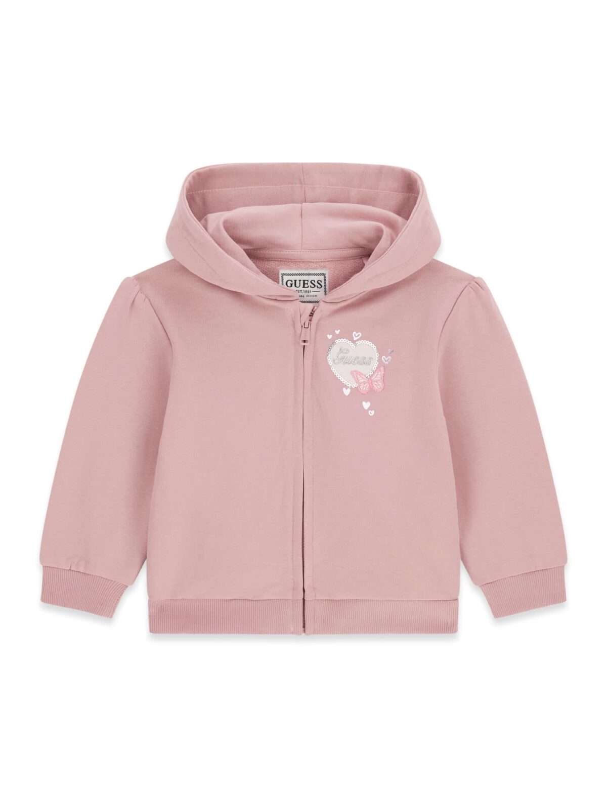 Veste - Guess rose à capuche pour fille avec fermeture zippée et motif décoratif sur la poitrine vue de face