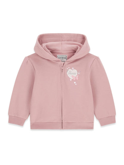 Veste - Guess rose à capuche pour fille avec fermeture zippée et motif décoratif sur la poitrine vue de face