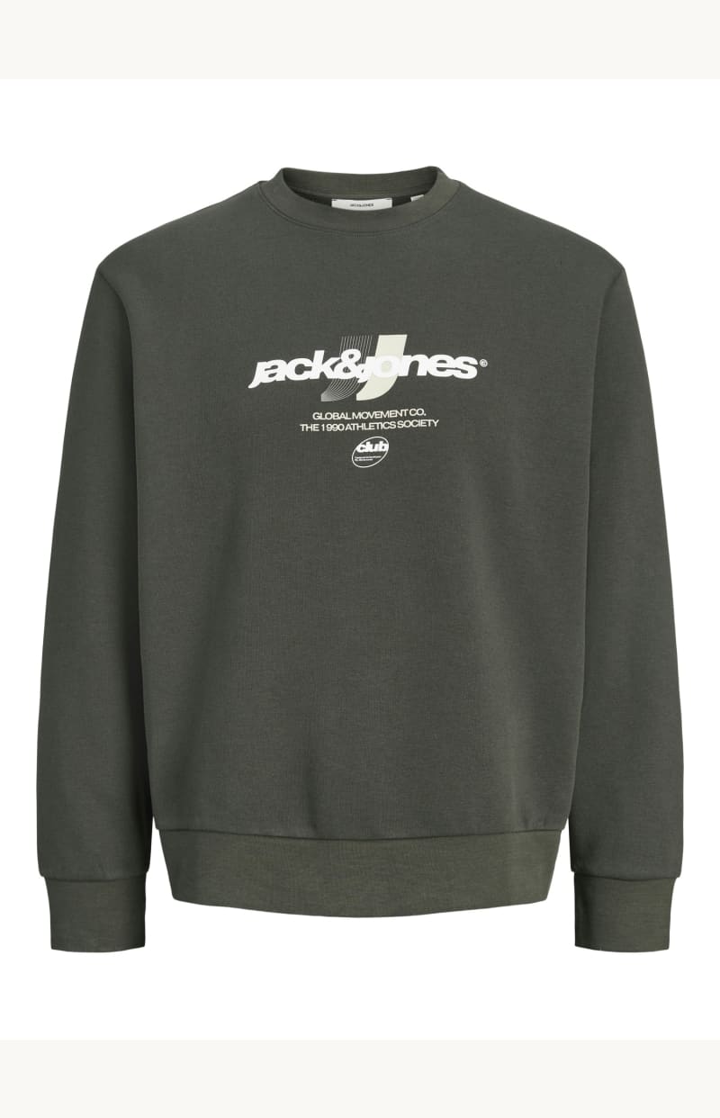 Chandail - Jack & Jones gris foncé en coton avec logo blanc imprimé à l'avant, coupe droite, vue de face.