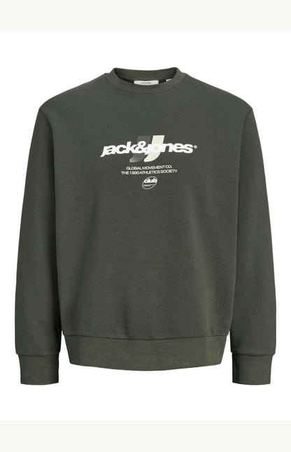 Chandail - Jack & Jones gris foncé en coton avec logo blanc imprimé à l'avant, coupe droite, vue de face.