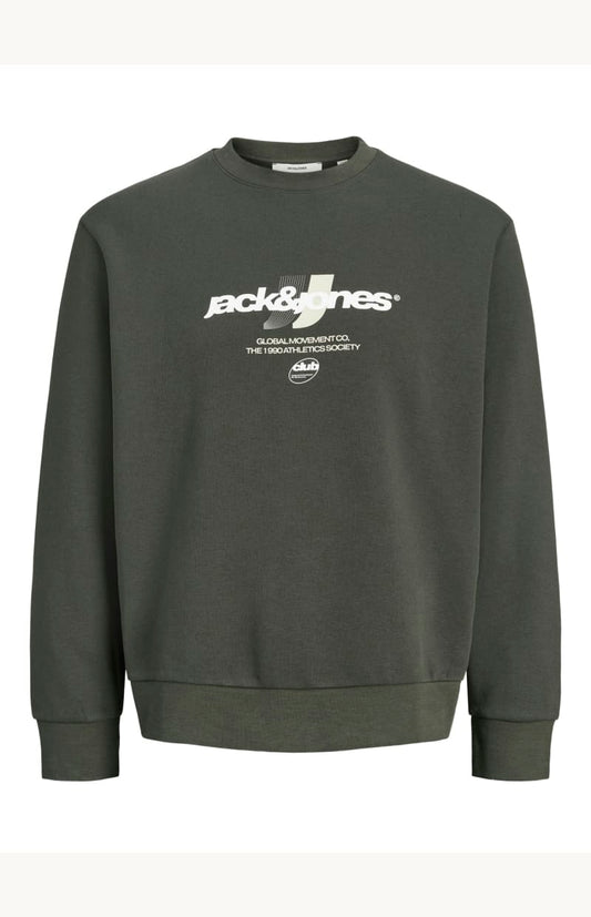 Chandail - Jack & Jones gris foncé en coton avec logo blanc imprimé à l'avant, coupe droite, vue de face.