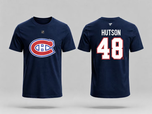 T-Shirt Canadiens Coton Bleu - Hutson *3 pour 60$*, t-shirt bleu marine en coton avec logo Canadiens en rouge et blanc sur le devant et texte Hutson 48 au dos, vue de face et dos.