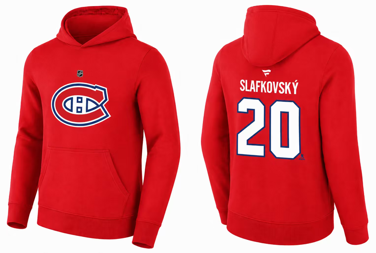 Hoodie Canadiens - Slafkovsky rouge en coton, avec logo de l'équipe sur le devant, nom et numéro 20 imprimés au dos, vue de face et dos.