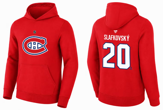 Hoodie Canadiens - Slafkovsky rouge en coton, avec logo de l'équipe sur le devant, nom et numéro 20 imprimés au dos, vue de face et dos.