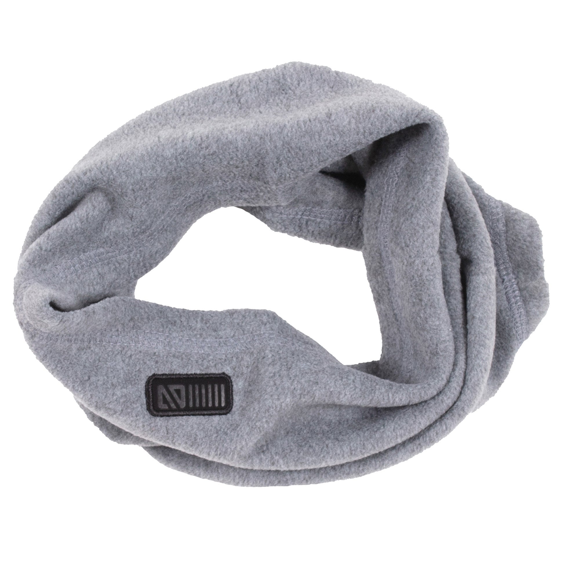 Cache-Cou d'hiver - Nanö en tissu polaire gris clair, style tour de cou, détail du logo noir, vue dessus, unisexe enfant.