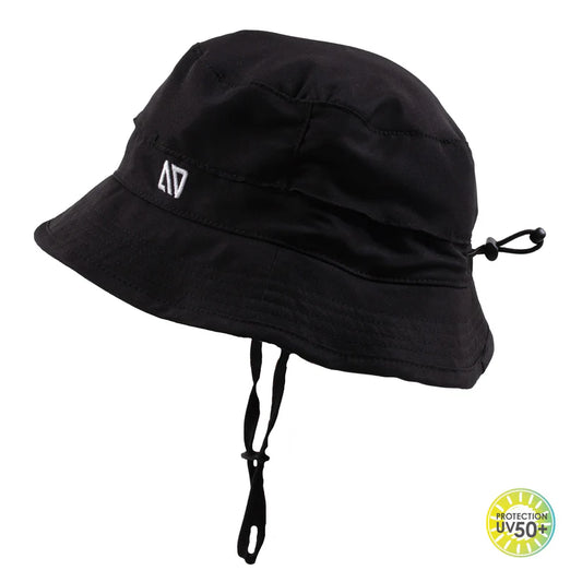 Chapeau U.V - Nanö noir en matière légère avec cordon réglable et logo brodé, vue de profil, protection solaire UPF 50+
