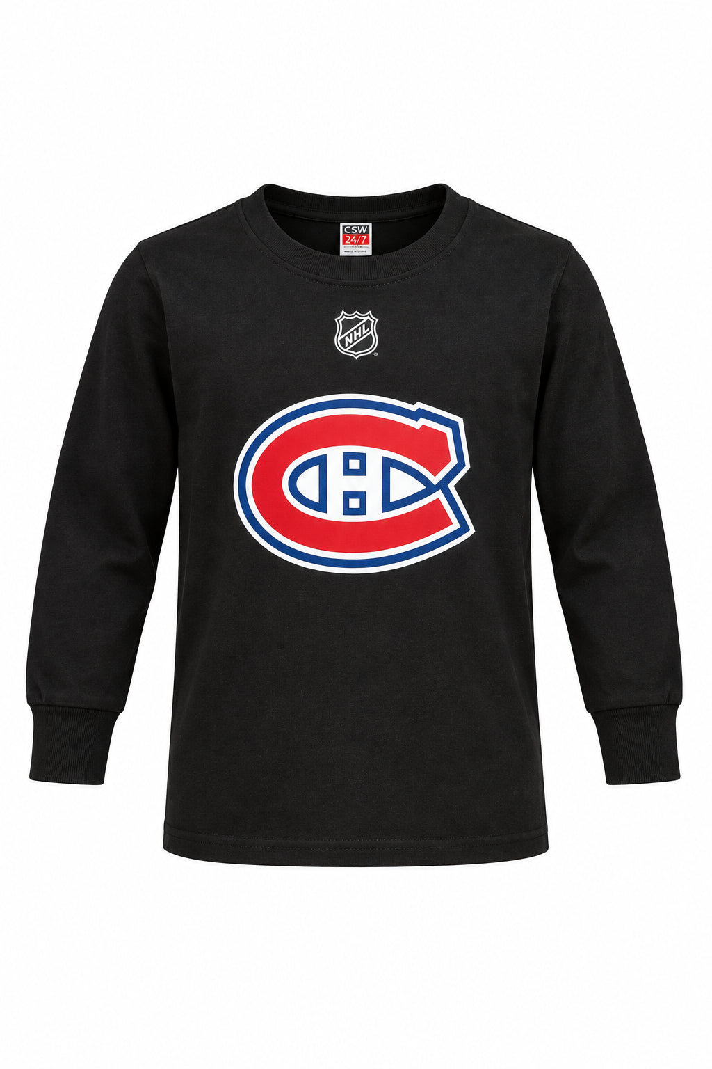 Chandail Caufield noir à manches longues avec logo des Canadiens de Montréal sur le devant, vue de face à plat
