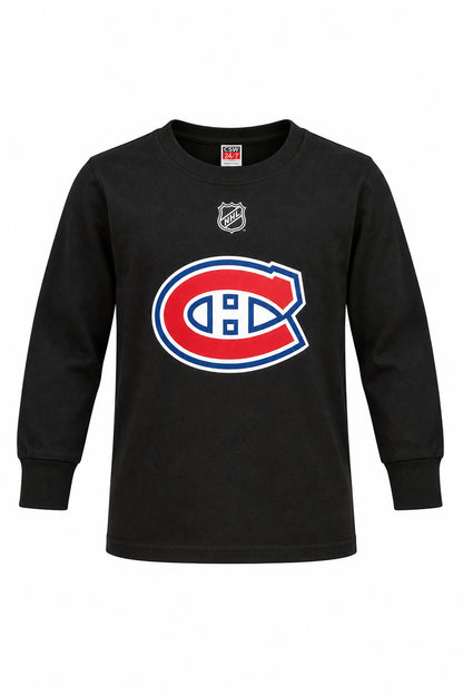 Chandail Caufield noir à manches longues avec logo des Canadiens de Montréal sur le devant, vue de face à plat