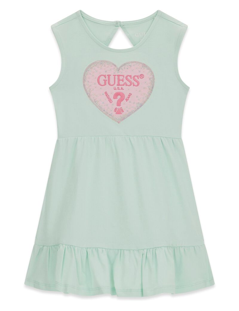 Robe - Guess verte menthe sans manches avec cœur rose imprimé et détail nœud dans le dos, pour fille, vue de face.