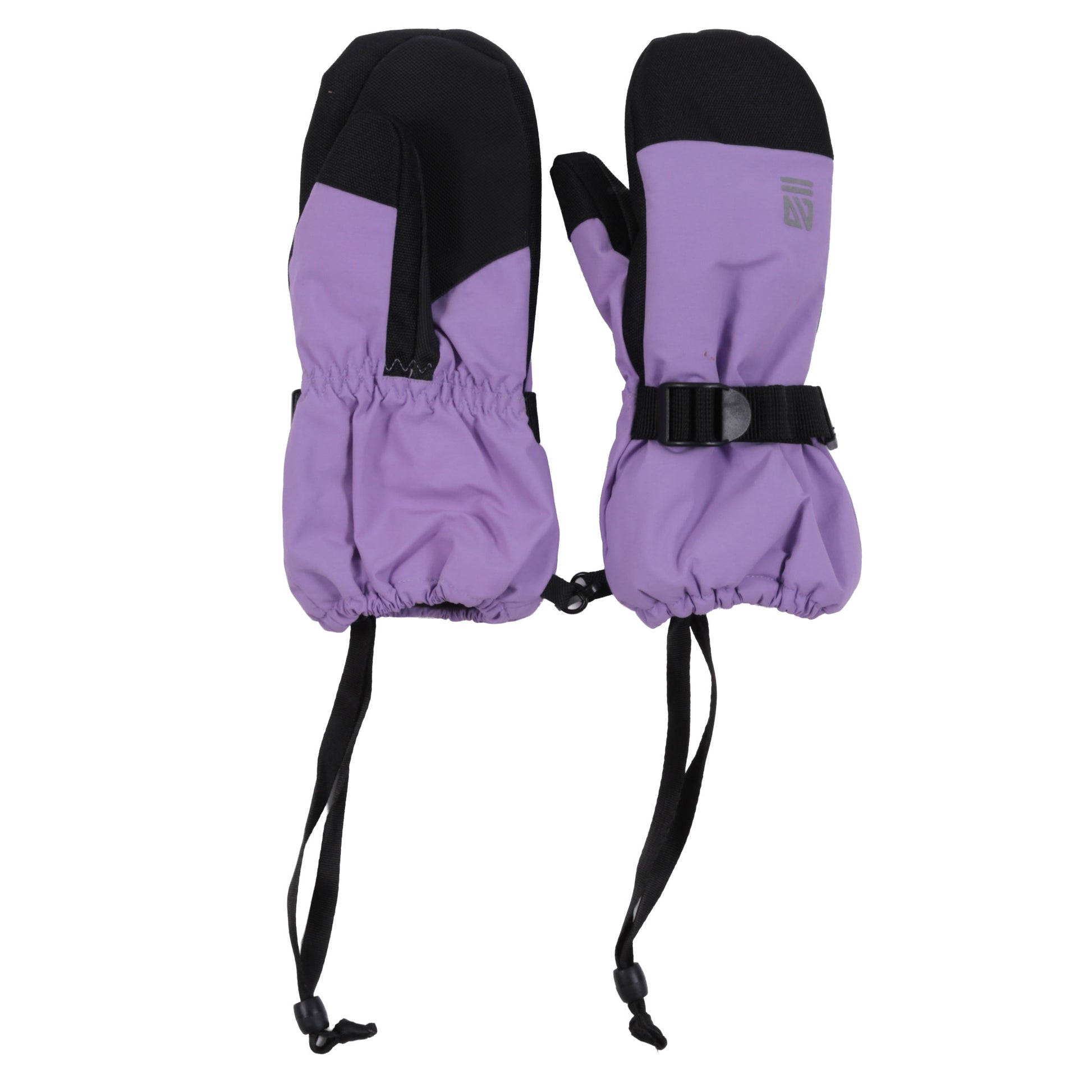 Mitaines d'hiver - Nanö en tissu synthétique violet et noir avec dragonnes réglables, pour enfant, vue de face et dos.