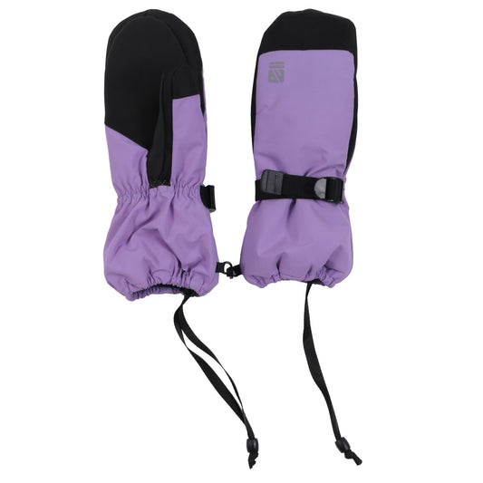 Mitaines d'hiver - Nanö violettes et noires en textile imperméable avec bracelet réglable, pour enfant, vue de dessus montrant la paume et le dos.