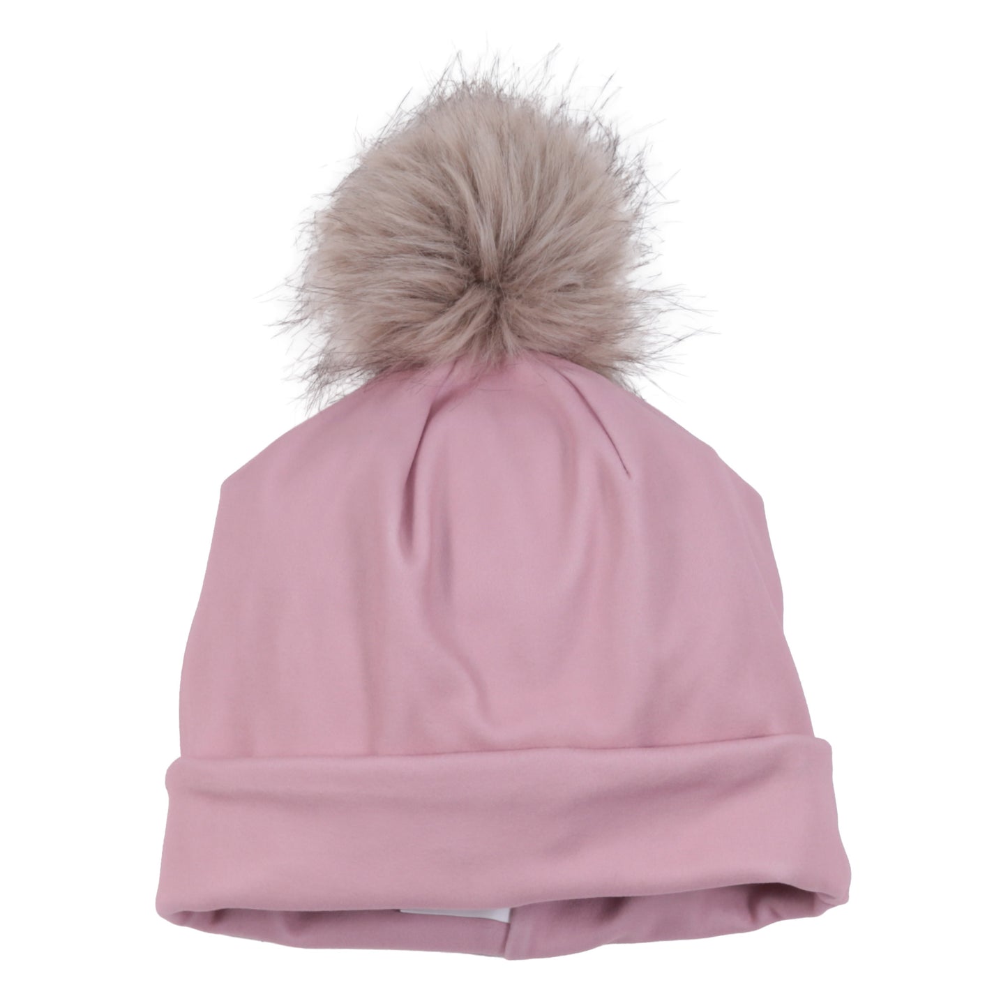 Tuque Mi-Saison - Nanö rose avec pompon en fausse fourrure beige, bonnet léger en tissu doux, pour enfant, vue de face.