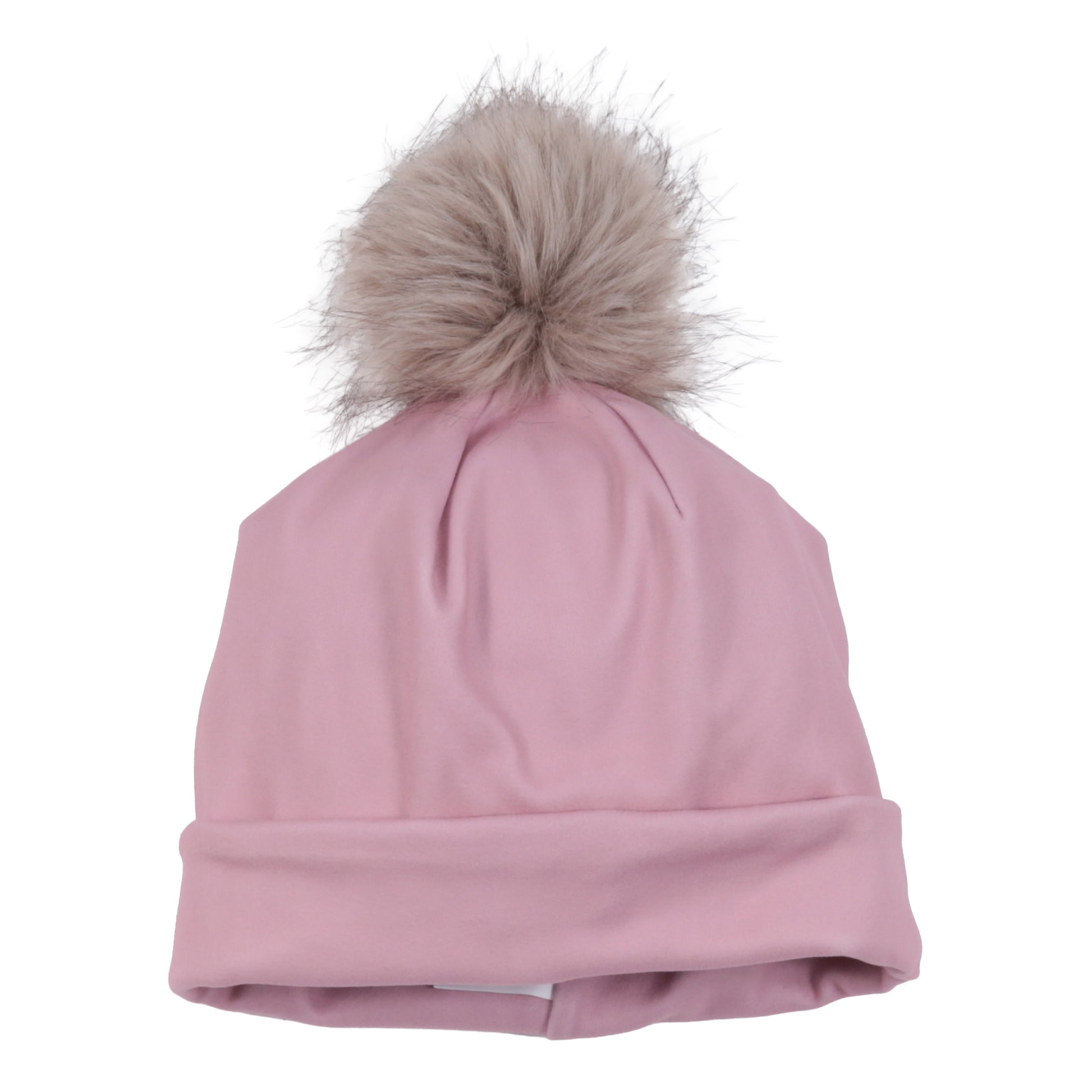 Tuque Mi-Saison - Nanö rose avec pompon en fausse fourrure beige, bonnet léger en tissu doux, pour enfant, vue de face.