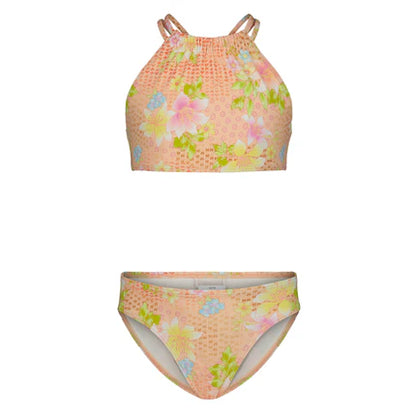 Maillot de bain 2 pièces - Billabong pêche avec motifs floraux verts, roses et bleus, tissu polyester et élasthanne, vue de face.