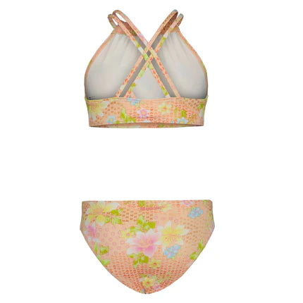 Maillot de bain 2 pièces - Billabong à motifs floraux orange, jaune et rose, en polyester élasthanne, vue de dos pour enfant