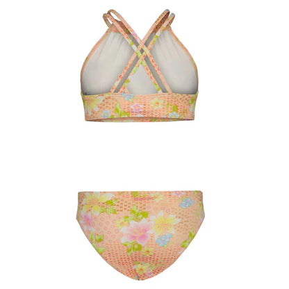 Maillot de bain 2 pièces - Billabong à motifs floraux orange, jaune et rose, en polyester élasthanne, vue de dos pour enfant