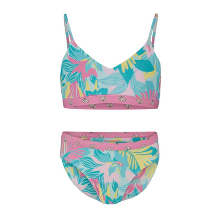 Maillot de bain 2 pièces réversible - Billabong à motifs feuilles bleues, roses, jaunes, avec bande rose à coquillages, vue de face