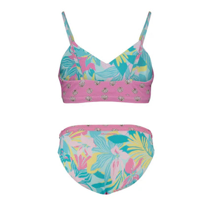 Maillot de bain 2 pièces réversible - Billabong à motifs tropicaux roses, bleus et jaunes, style bikini, vue de face et dos.