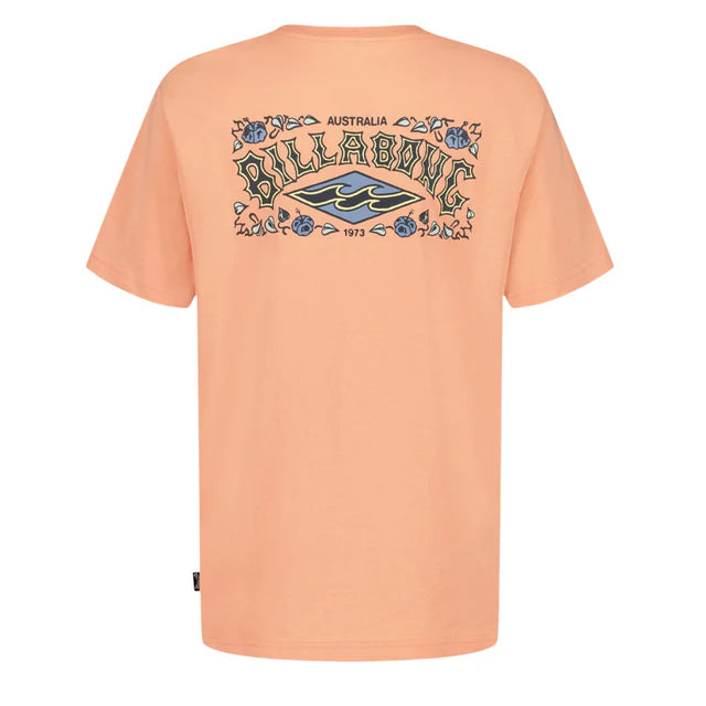 T-Shirt - Billabong terracotta en jersey coton 100%, motifs noirs et bleus stylisés, vue frontale et dos.