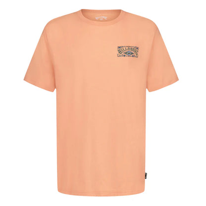 T-Shirt - Billabong terracotta en jersey coton 100%, motifs noirs et bleus stylisés, vue frontale et dos.