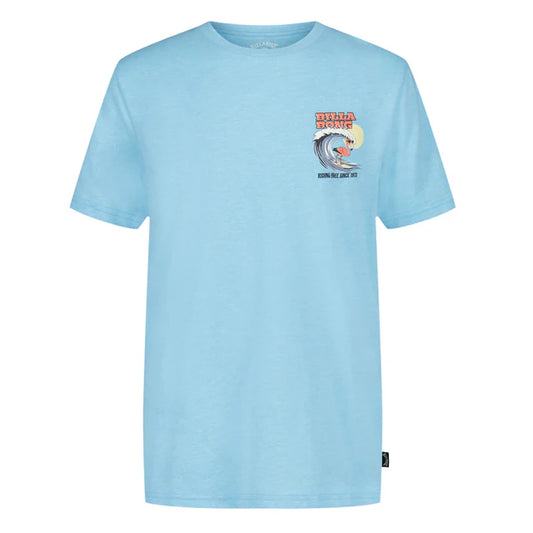 T-Shirt - Billabong bleu turquoise en jersey coton avec motifs vague et aigle, vue avant et arrière.