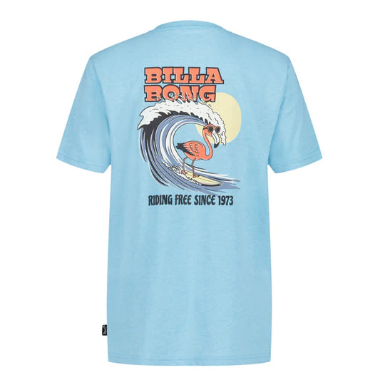 T-Shirt - Billabong bleu turquoise en jersey coton avec motifs vague et aigle, vue avant et arrière.