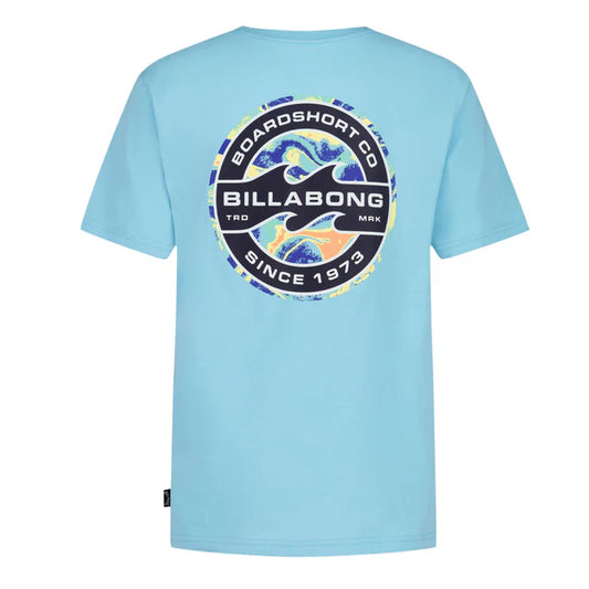 T-Shirt - Billabong bleu clair en jersey coton 100%, logo rond noir et bleu sur poche poitrine vue de face et dos