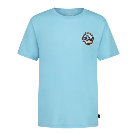 T-Shirt - Billabong bleu clair en jersey coton 100%, logo rond noir et bleu sur poche poitrine vue de face et dos